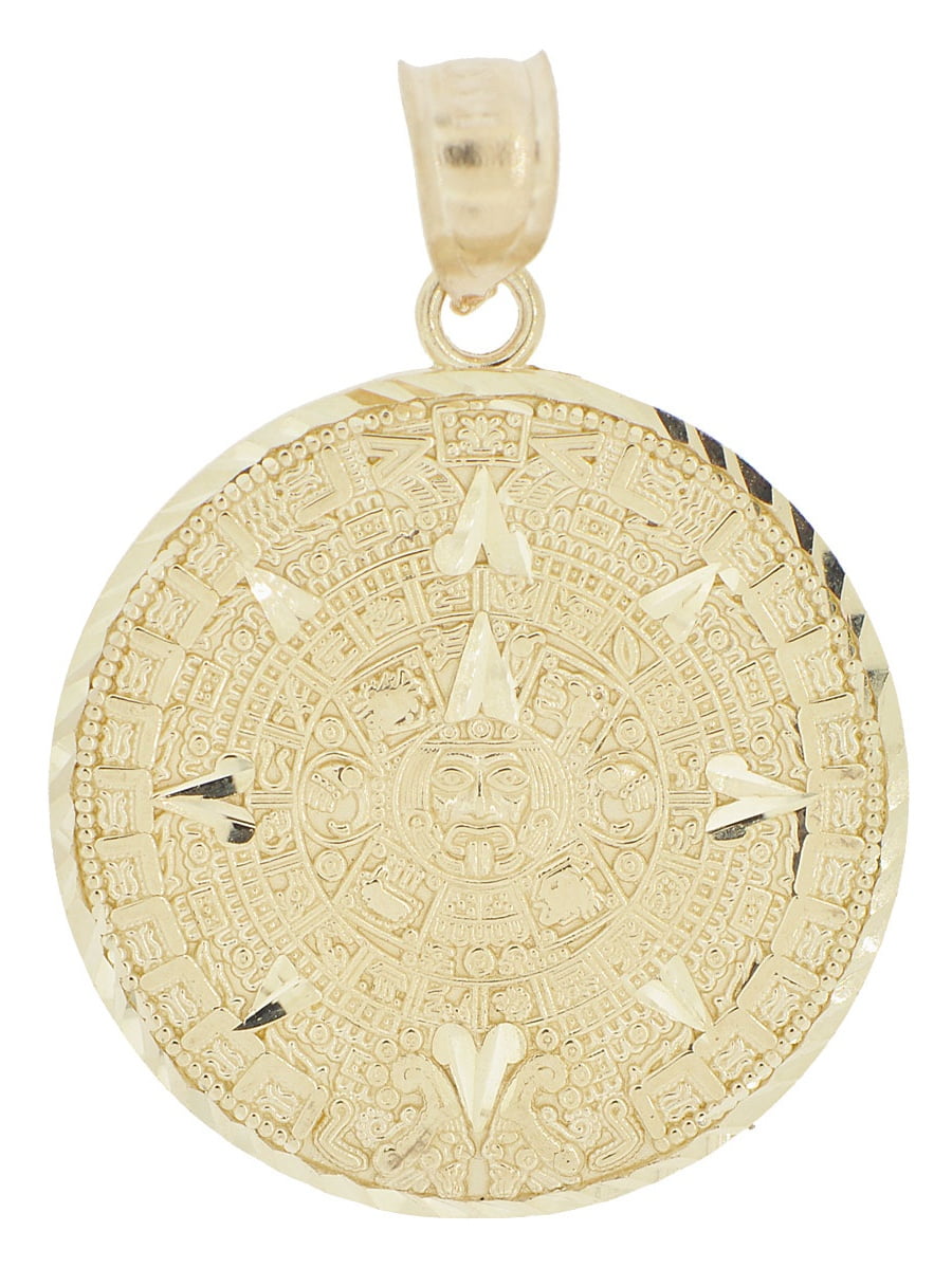 Gold Aztec Pendant / 14kt Gold Aztec Half Circle Pendant Necklace