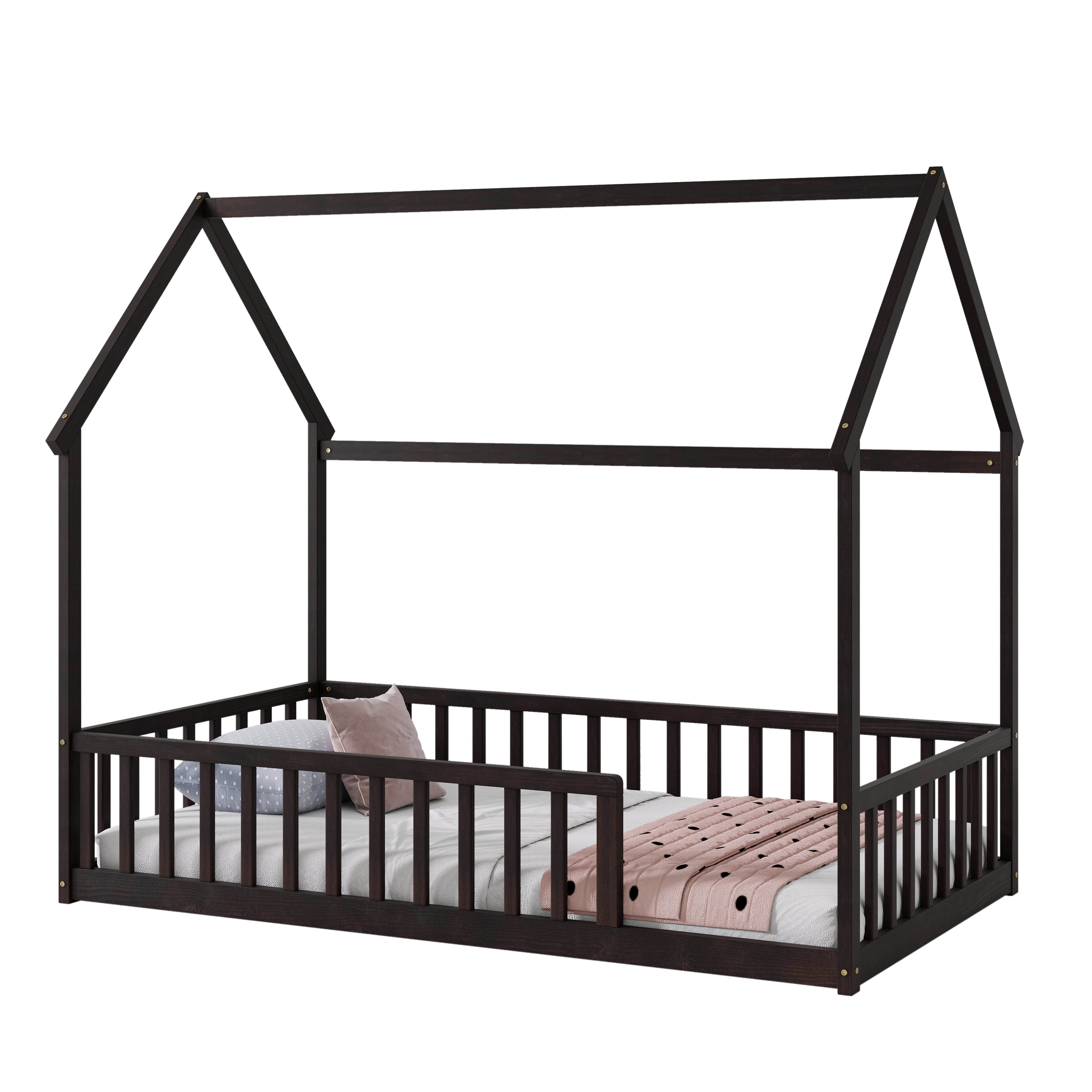 Twin House Floor Bed with Full Safety Fence, Solid Pine Montessori Kids Playhouse Bed Frame No Box Spring Needed Max 250 LBS for Toddler Nursery Bedroom