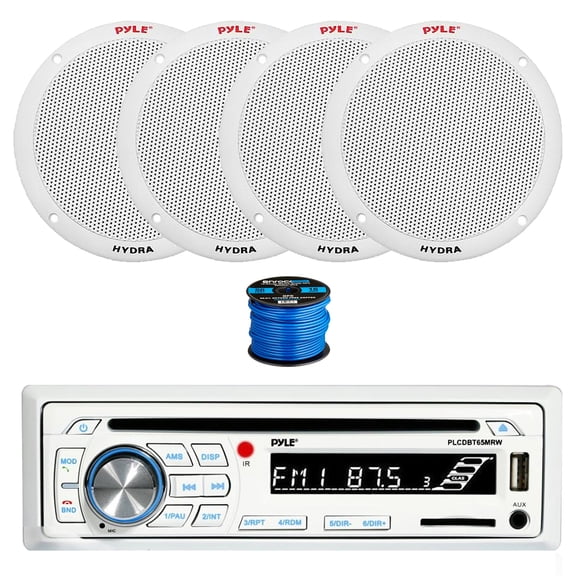 Pyle PLCDBT65 Bluetooth Marine Stereo AM/FM CD Player Stereo Receiver, 4X 6.5" 400 Watt 2-Way Dual Cone Full Range Audio Speakers (White) w/ Wire