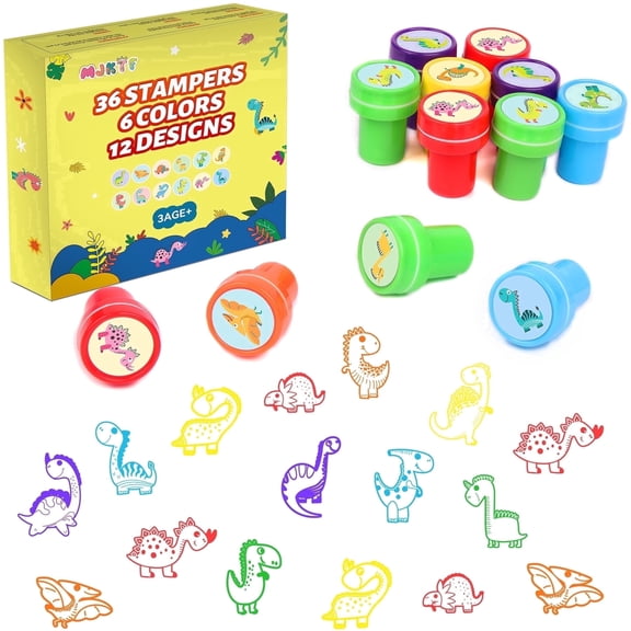 Dinosaur Stamps for Kids, 36 Pcs Self-Inking Stamps with 12 Cute Dinosaur Designs, Birthday Party Favors for Kids 3yrs