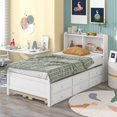 thumbnail image 2 of Twin Size Bed Frame with Bookcase Headboard, Wooden Twin Platform Bed with Trundle and 3 Storage Drawers, Twin Storage Bed for Girls Boys Teens, No Box Spring Needed, White, 2 of 7