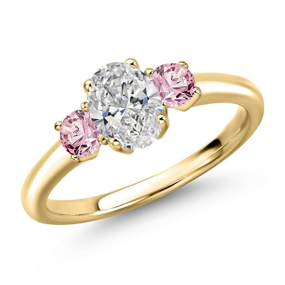 Gem Stone King 10K Yellow Gold DEF Lab Grown Diamond and Pink Lab Grown Diamond Engagement Ring for Women | 1.06 Cttw | Oval 7X5MM | Gemstone April Birthstone | Size 5