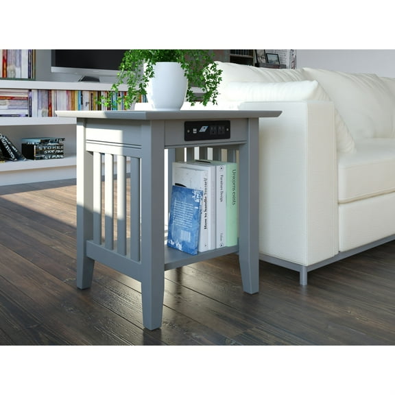 AFI Mission Solid Wood End Table with Built-In Charging Station, Grey