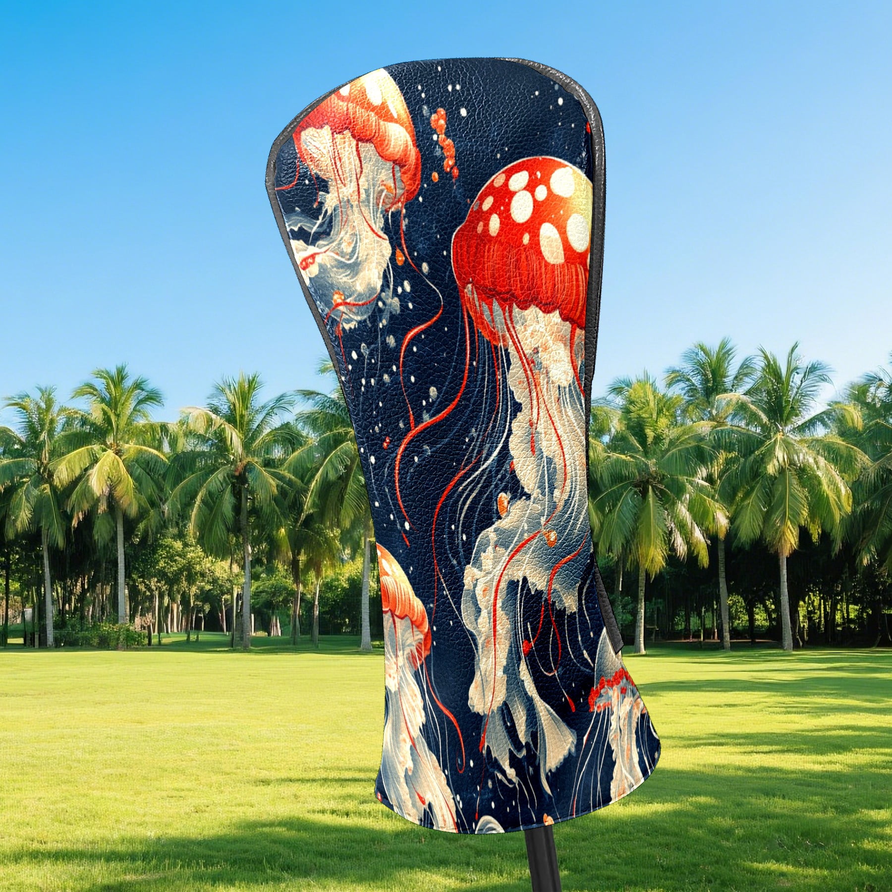 Golf Club Covers PU Leather Waterproof Head Covers for Fairway Woods Hybrids Red Jellyfish