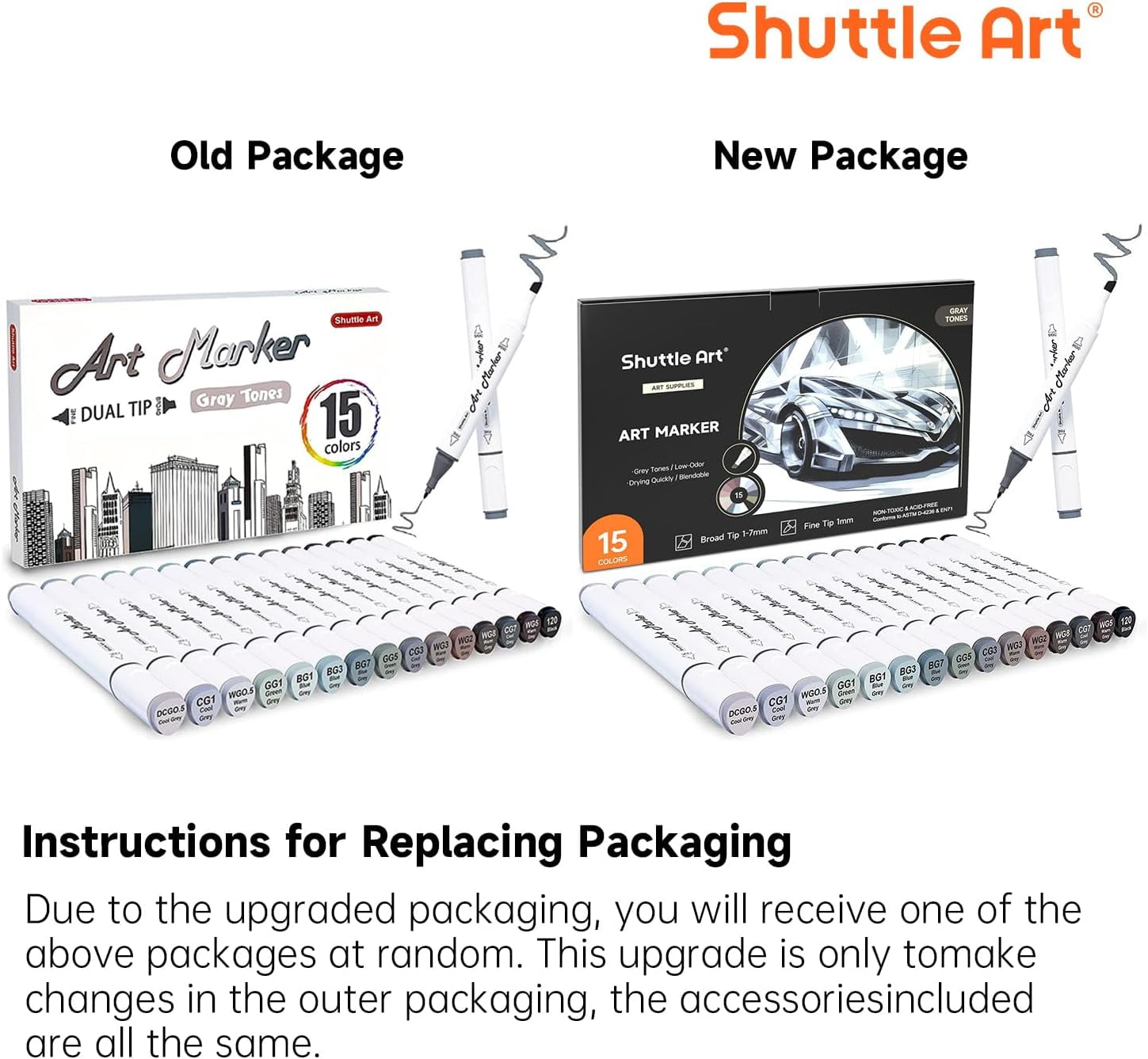 Shuttle Art Dual Tip Art Markers, Fine-Point, Gray, 15 Count Pack