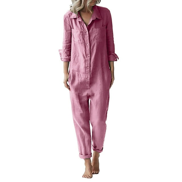 GZWYHT Combinaisons pour Femmes Combinaisons en Coton Lin Décontracté Ample Col à Revers Manches Longues avec Poches Combinaison Manches Longues Rose 3TG