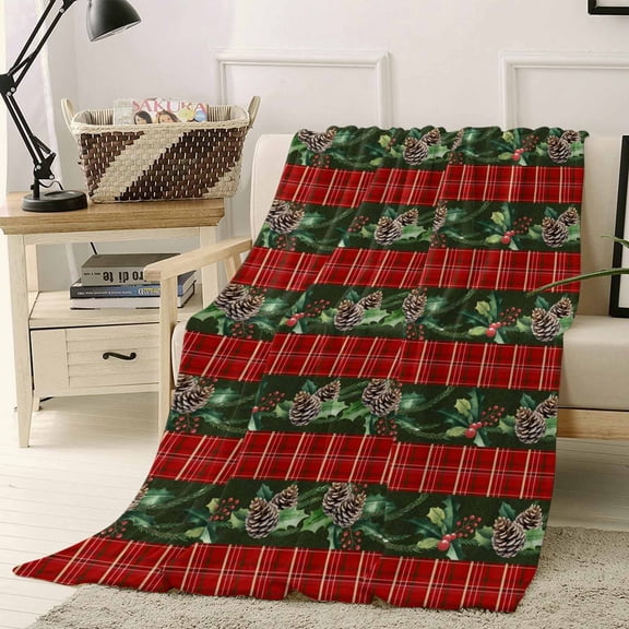 Pine Cone Throw Flannel Blanket 50x60In Red Plaid Winter Christmas Vintage Dark Green Super Soft Cozy Bed Blanket, Lightweight Plush Fuzzy Bed Throw for Bedroom Sofa Couch Living Room
