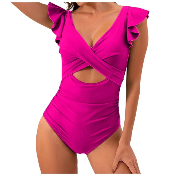 QHFBli Women's One Piece Swimsuit Ruffle Cutout Bathing Suits Tummy Control V Neck Wrap Swimwear