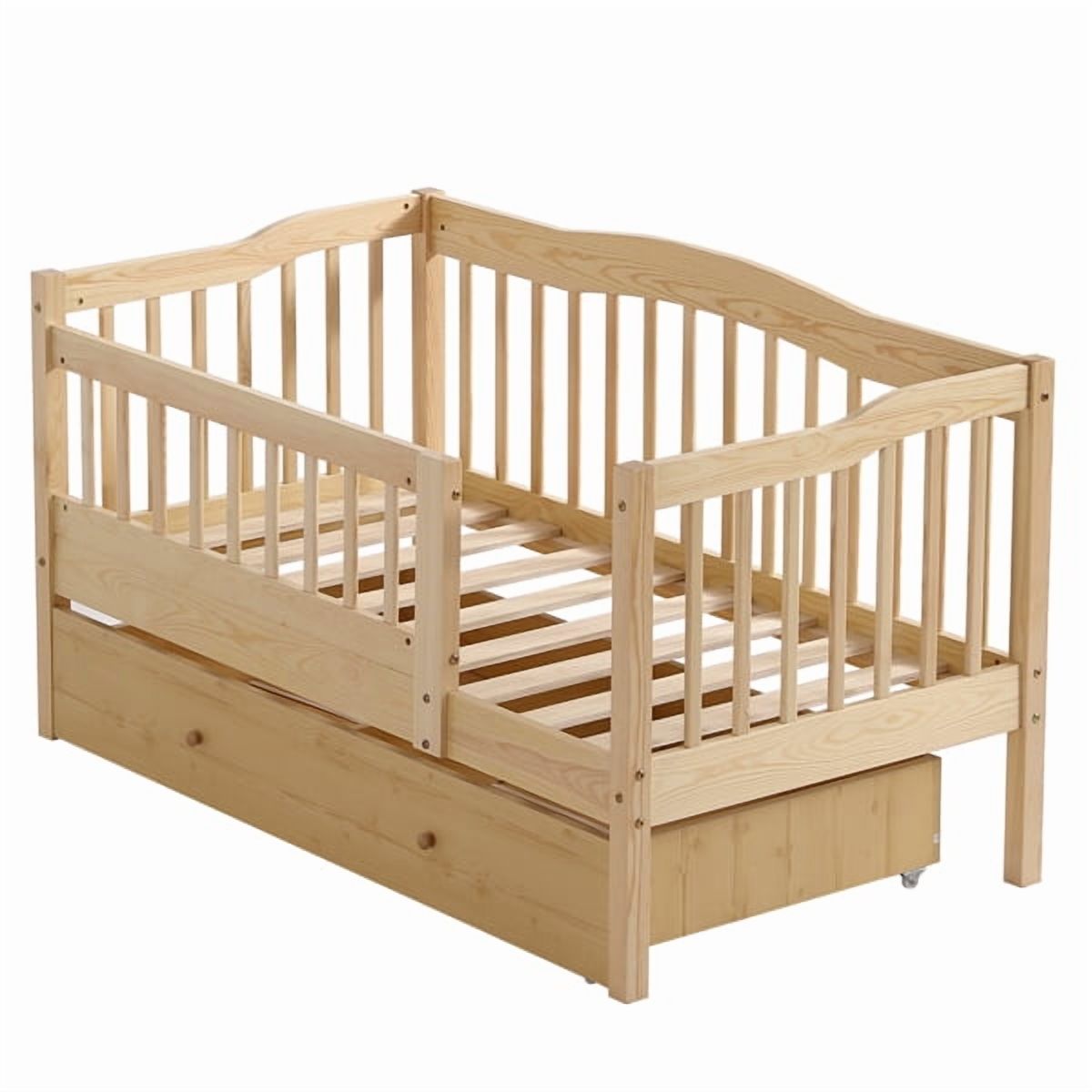 Pine Toddler Bed with Safety Side Rails & Bottom Drawer, Timeless Design for Nursery/Kid's Bedroom
