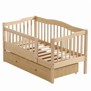 Pine Toddler Bed with Safety Side Rails & Bottom Drawer, Timeless Design for Nursery/Kids Bedroom