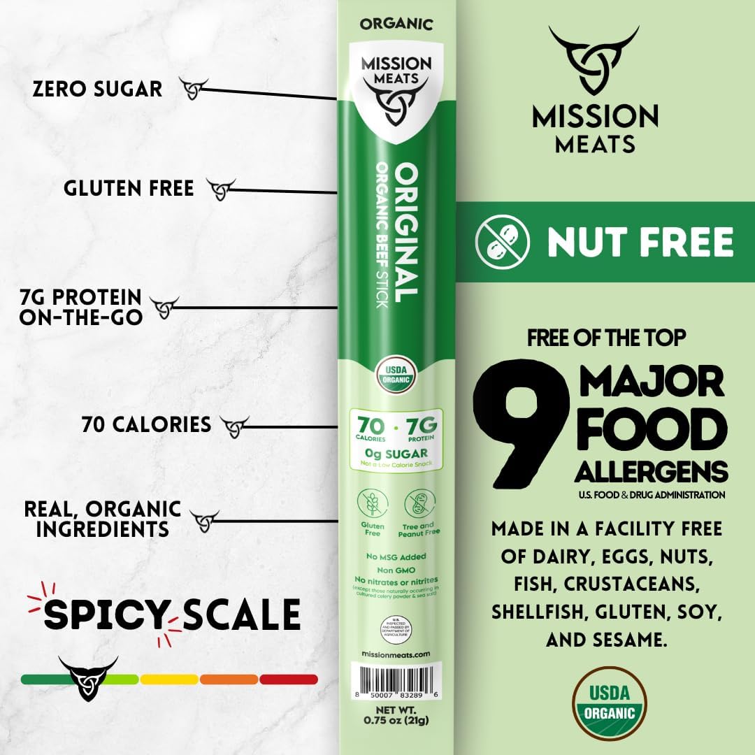 Mission Meats 100% Certified Organic Beef Sticks – Pasture-Raised, Zero Sugar, Non-GMO, Healthy Individually Wrapped Meat Sticks Snack, 0.75oz (24 Count)