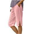 thumbnail image 3 of Simua Women's Cotton Linen Shorts Straight Leg Elastic Pockets Split Button Bermuda Shorts for Women, 3 of 7