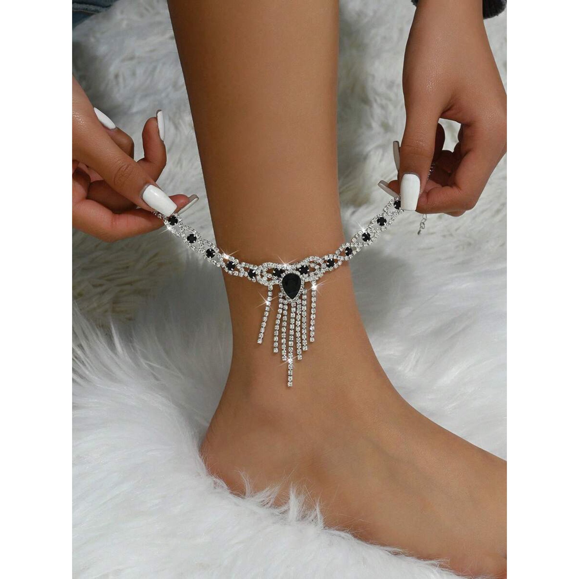 Rhinestone Crystal Anklet With Teardrop Gemstone And Fringe Tassels