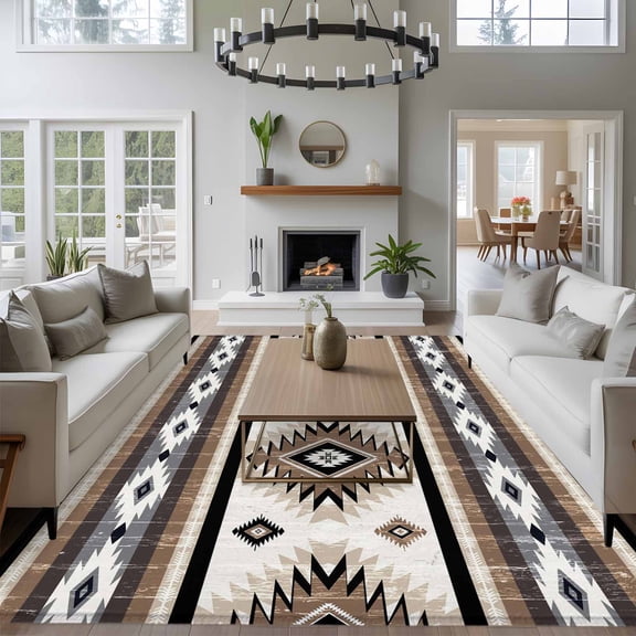 8x10 Washable Area Rug, Brown Southwestern Non-Slip Extra Large Rectangle Rug for Living Room Bedroom, Native Aztec Ethnic Style Geometric Indoor Floor Mat for Home Decor