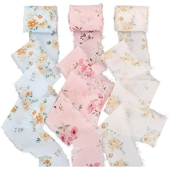 3 Style Floral Fringe Chiffon Ribbon 15Ydsx1.7In Handmade Frayed Edge Fabric Silk Chiffon Ribbon Set for Wedding Party Birthday Invitations Spring Flower Bouquets Gift DIY Crafts Wrapping Colorful