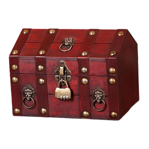 Cofre del tesoro pirata con tapa abatible y caja de madera codificada. Rojo