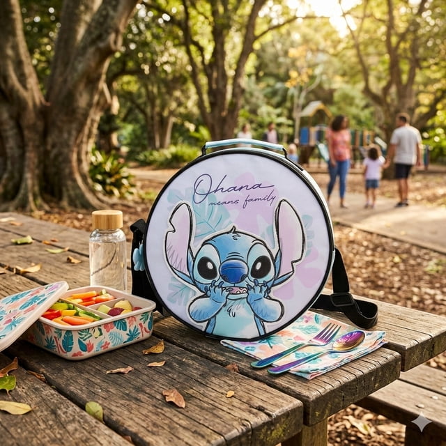 Lonchera Redonda Stitch Ohana Térmica con Correa