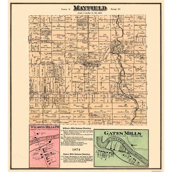 Historic City Map - Mayfield Ohio - Cram 1874 - 23 x 25.25 - Vintage Wall Art