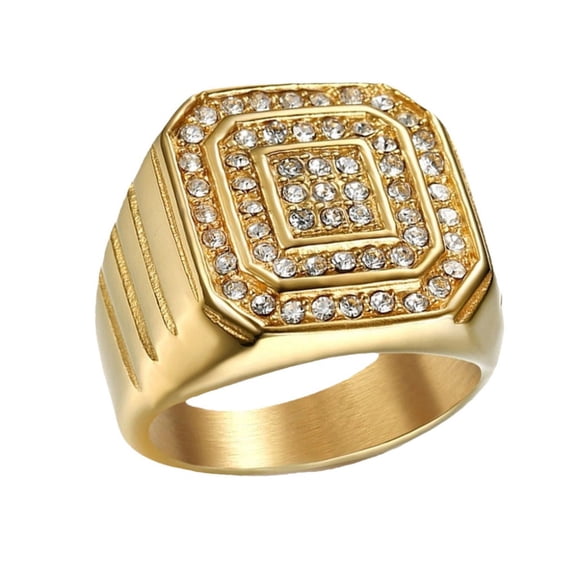 PAURO Iced Out Square Ring for Men Stainless Steel Gold Plated Hip Hop Style Bling Punk Club Wedding Band Size 12