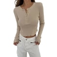 thumbnail image 1 of Fortune Women Slim Crop Pullover Casual Solid Color Long Sleeve Henley Ribbed Tops, 1 of 9