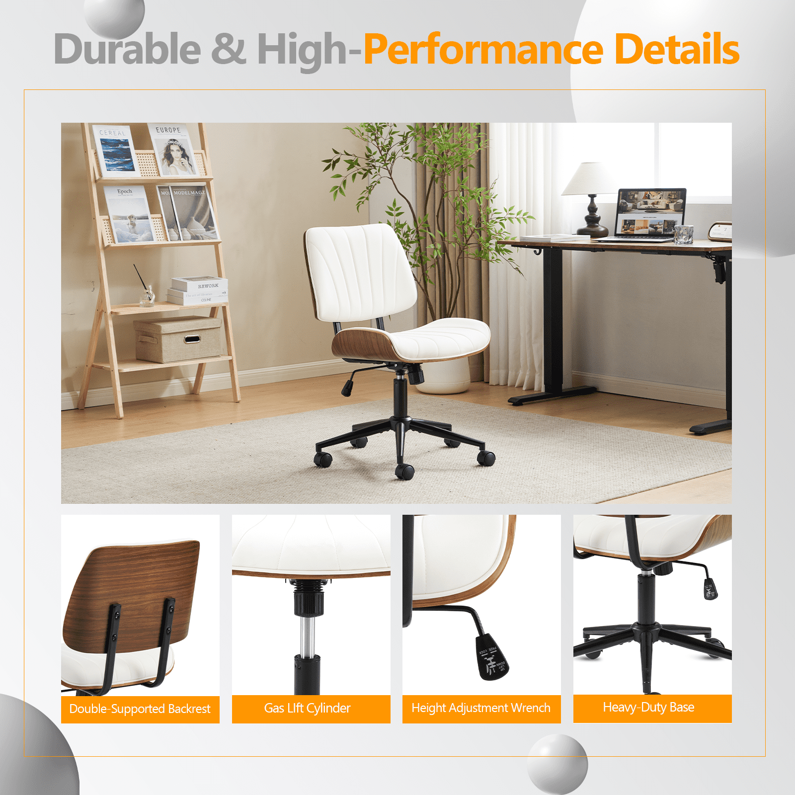 Ktaxon Swivel Office Chair, Armless Curved Wood Accent Desk Chair with PU Upholstered, Black Base Task Chair for Study, Makeup Vanity White