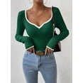 thumbnail image 3 of Women'S Sweetheart Neck Long Sleeve T Shirt Rib Knitted Contrast Binding Tee Tops Green S, 3 of 6