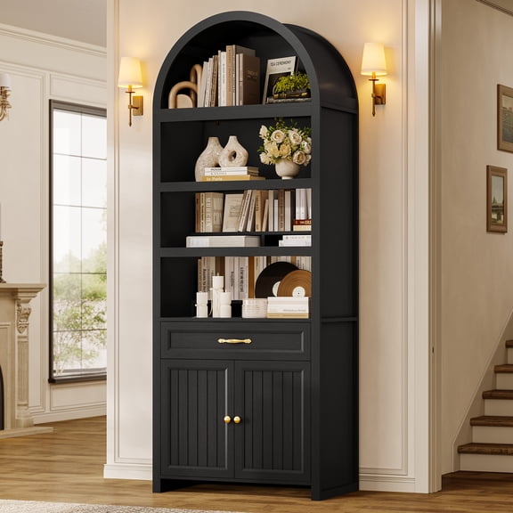 84.2" Tall Arched Bookcase with Drawer, Modern 6-Tier Bookshelf, Storage Cabinet with Adjustable Shelves & 2 Book Risers for Living Room, Home Office, Kitchen, Black