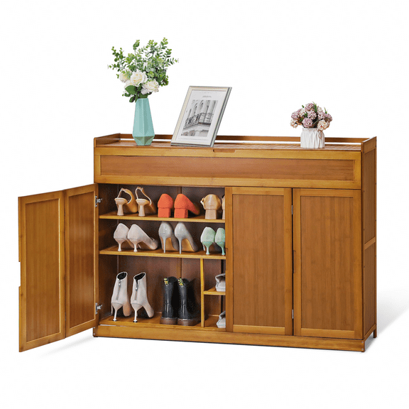 Magshion Bamboo 5 Tiers Shoes Cabinet with Door, 24 Pairs Organizer Rack, Brown, for Home