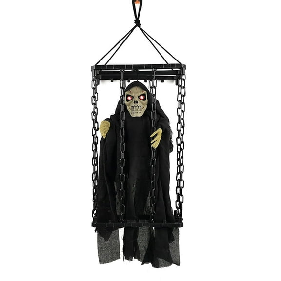 Animated Skeleton Halloween Decoration with Spooky Sound,Creepy Hanging Skeleton Prisoner with LED Red Eyes, Sound Activated Prisoner Ghost Scary Props for Indoor,Outdoor,Haunted House,Yard