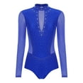 thumbnail image 4 of TiaoBug Women's Gymnastics Leotard Ballet Dance Top Long Sleeve Rhinestones Mesh Figure Ice Skating Bodysuit Royal Blue M, 4 of 7
