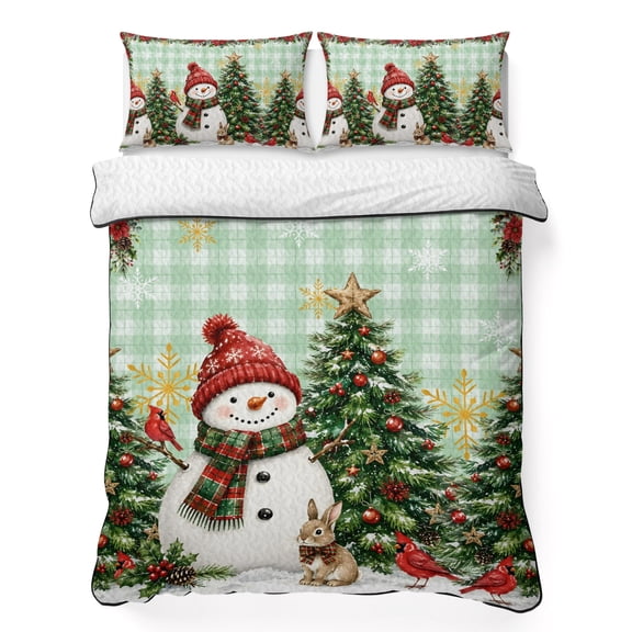 Quilts Full Size Bedding Set, Green Christmas Lightweight Quilted Comforter, Xmas Snowman Trees Snowflake Cardinal Plaid Reversible Bedspread Coverlet with Pillow Covers for All Season, 78" x 90"