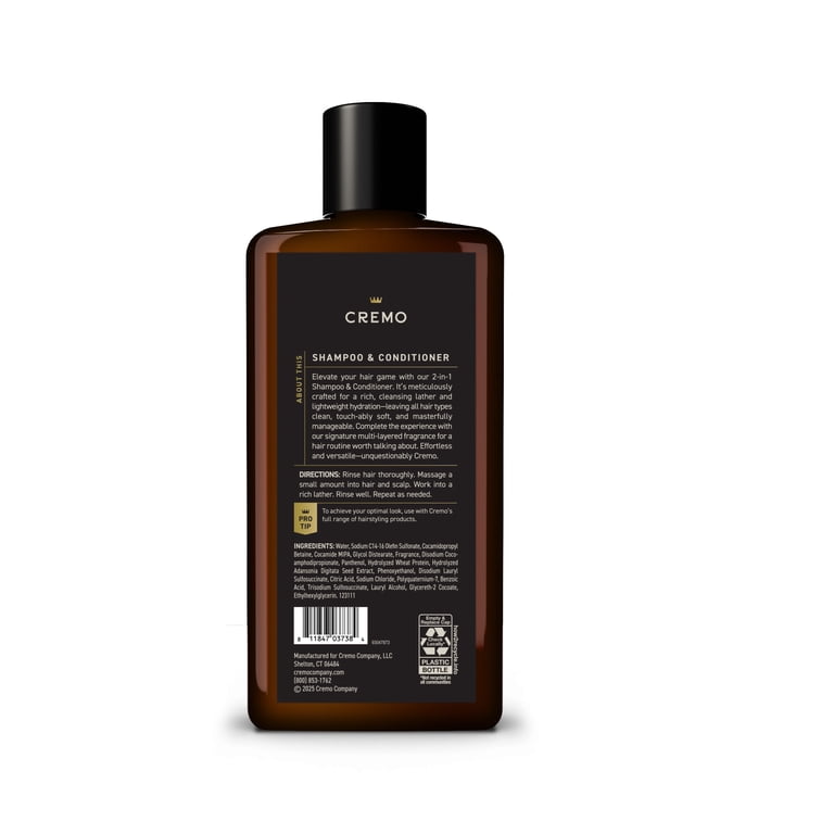 Cremo 2-in-1 Men's Shampoo & Conditioner, Bergamot Black Scent, 16