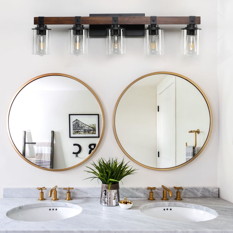 Rustic Farmhouse Vanity Light Industrial Bathroom Wall Sconce with Glass Shades and Wood Accent Lighting Fixture (No Bulbs)