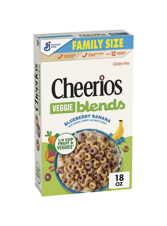 Cheerios Veggie Blends Breakfast Cereal, Blueberry Banana Flavored, Family Size, 18 oz