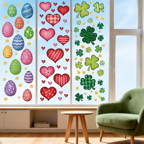 Colorful Spring Holiday Window Cling Decorations Set - Large Shamrock, Easter Egg, and Heart Stickers for Glass Doors, Bathroom, Office, and Home Party Supplies