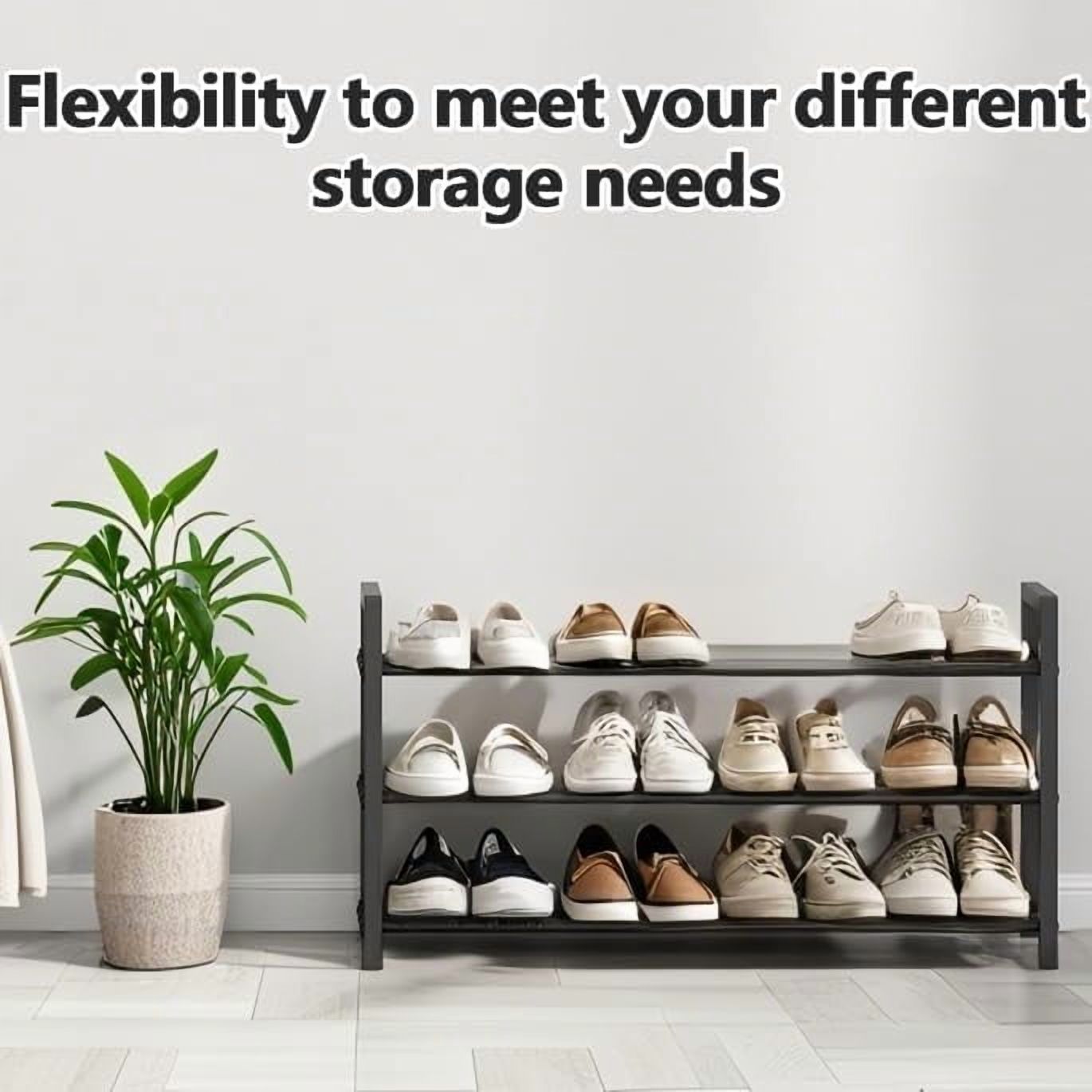Expandable Shoe Rack Small Shoe Storage Narrow Shoe Racks Metal Show Rack Slim Shoe Shelf for Entryway Wardrobes Small Space,Free Standing Extendable Adjustable Shoes Rack for Closet (Black, 2 Tier)