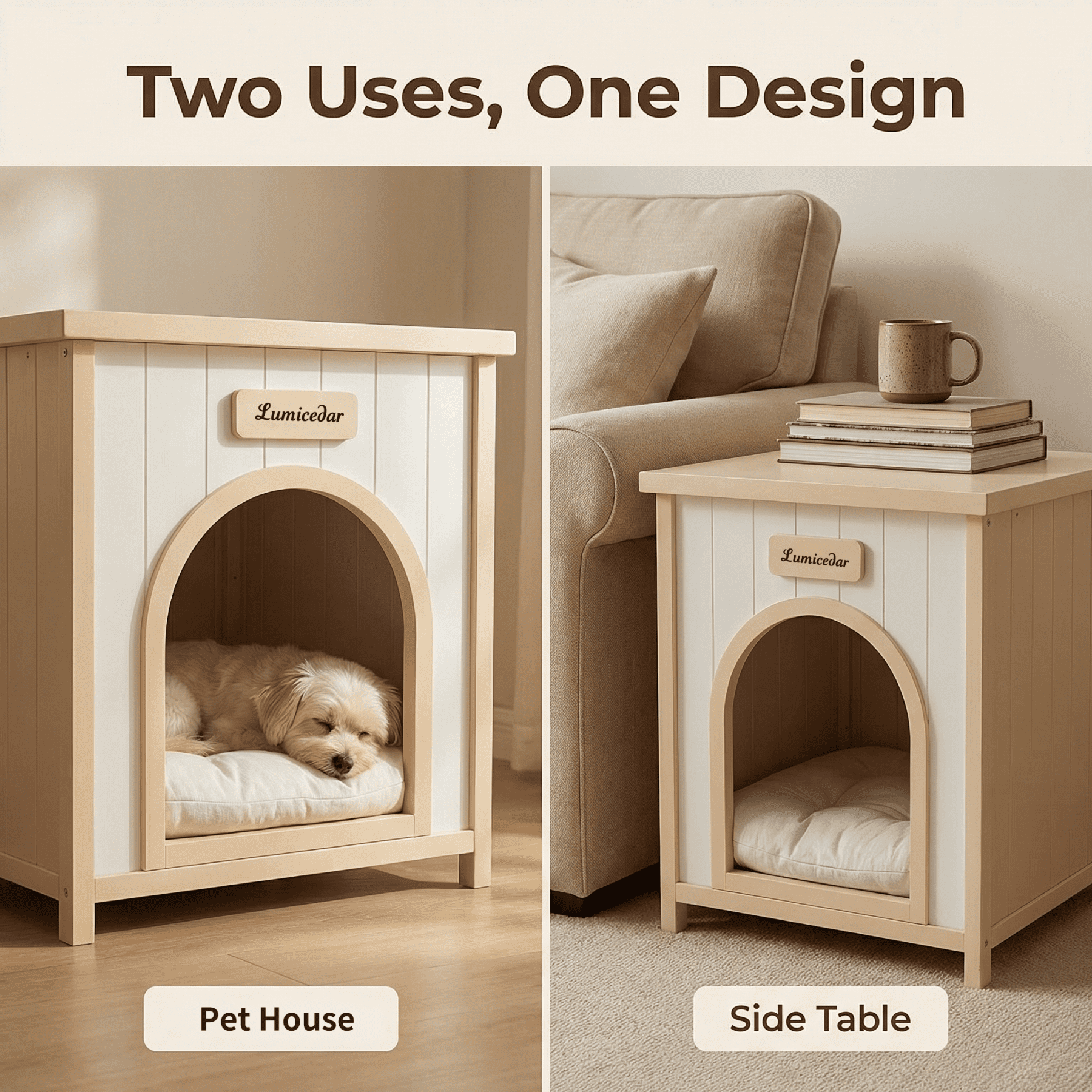 20.9'' Solid Wood Pet House,Cream White&Light Yellow Indoor Pet Shelter with Removable Cushion for Small Dogs,Cream White+Light Yellow