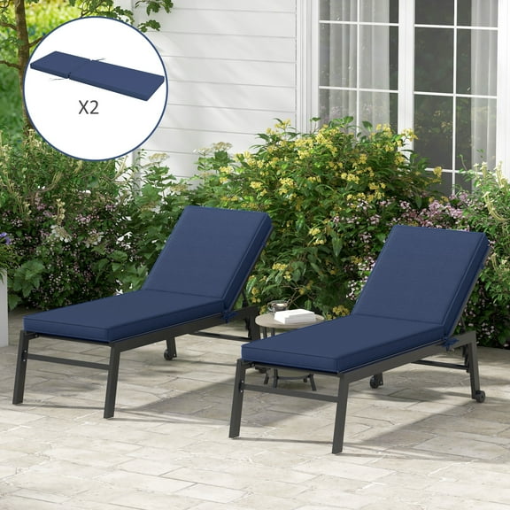 Outdoor 2 Chaise Lounge Chair Cushions with Backrests & Straps, Navy Blue