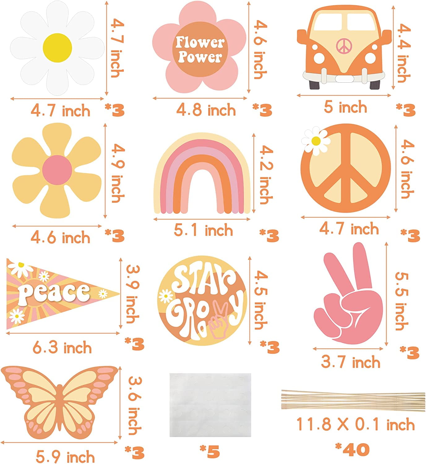 30Pcs Groovy Retro Hippie  Party Centerpieces for Tables Toppers Rainbow Butterfly Daisy Flower Birthday Decoration Star Groovy 60's Party Supplies Favors for Girls Baby Shower Photo Props