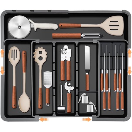 Utensil Drawer Organizer Large Expandable Silverware Organizer for Kitchen Drawer Cooking Utensils Tray Cutlery Flatware Holder with Removable Knife Blocks Kitchen Gadgets Storage Black