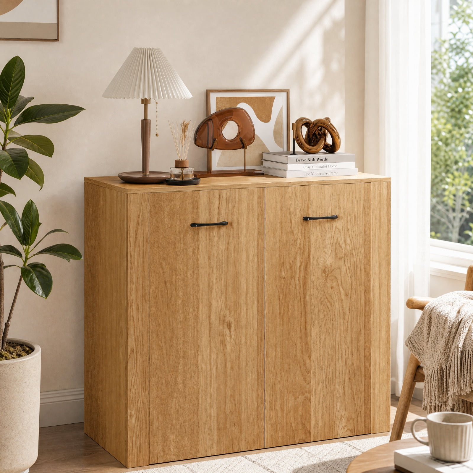 Furnibear 38 Inch Modern Sideboard Buffet Cabinet with 4 Cube Shelves and Storage Doors for Kitchen Dining Room Living Room Entryway, Natural