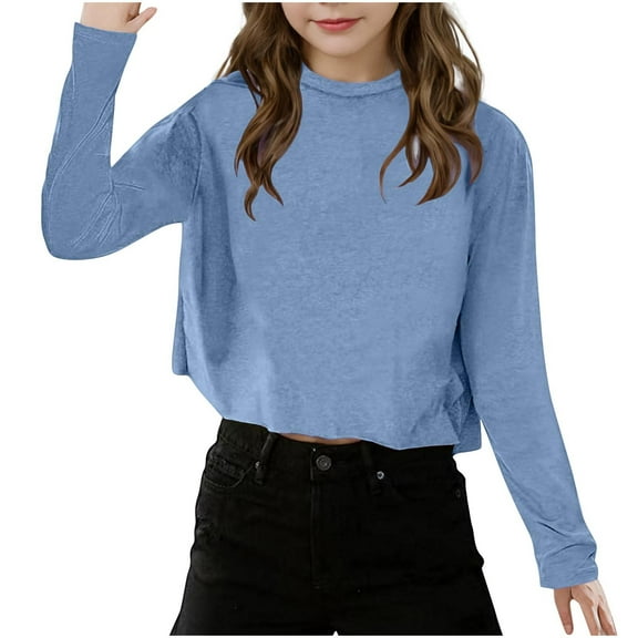 Girls Plain Tops Long Sleeve Basic Stretch Round Neck T-Shirt School Tee Cropped Top Spring Warm Pullover Fleece Crop Top Kids Sweatshirt