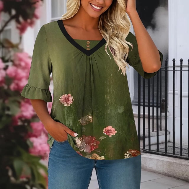 TaTaai Women's Printed V-Neck Top Half Sleeve Flared Ruched Front Casual Summer Chic Blouse T-Shirt Daily Work Party Vacation Gift