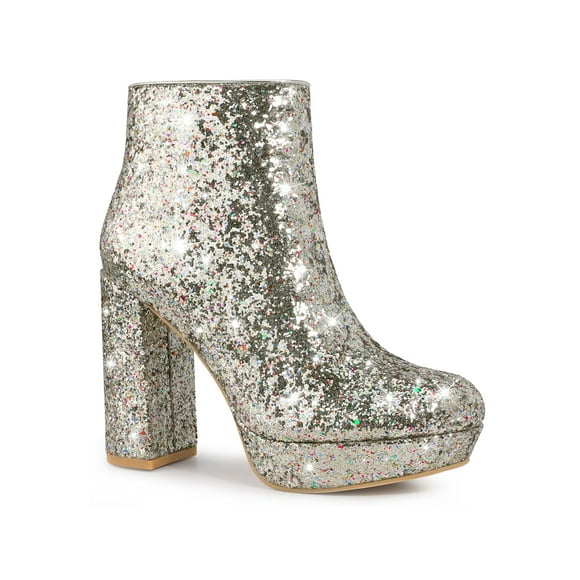BLISSFUL STEP Women's Ankle Boots Sparkly Glitter Chunky Heel Platform Side Zipper Booties Silver 7.5