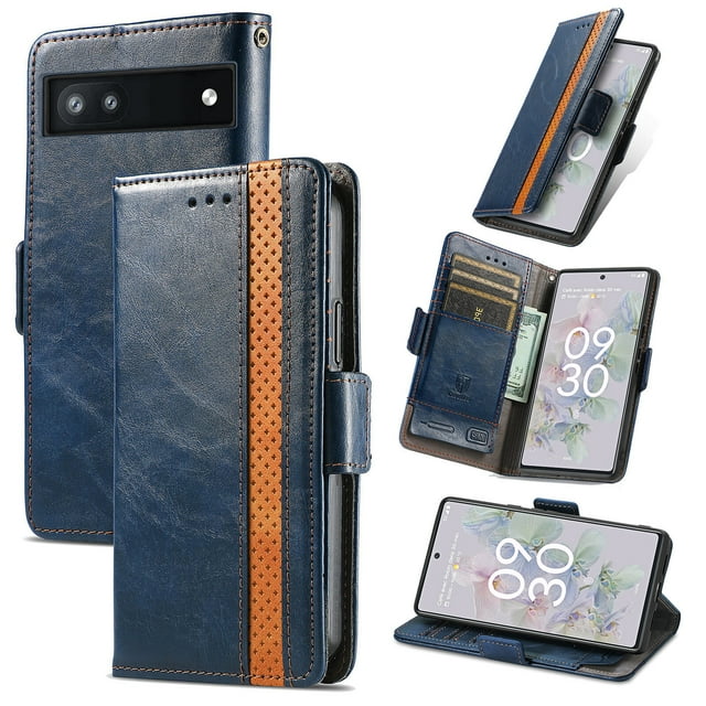 Case for Google Pixel 6A Cover Leather Wallet Folio Case Book Design Flip Magnetic Closure - Blue