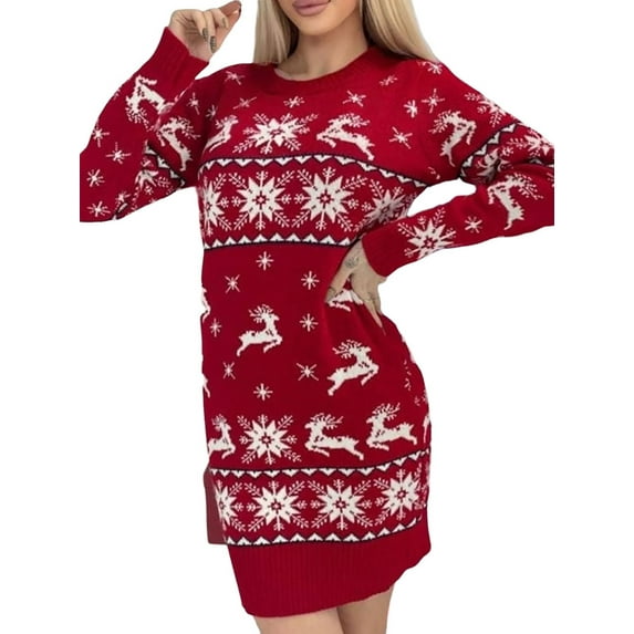 FASHIONWT Women Winter Christmas Party Long Sleeve Knitted Sweater Dress