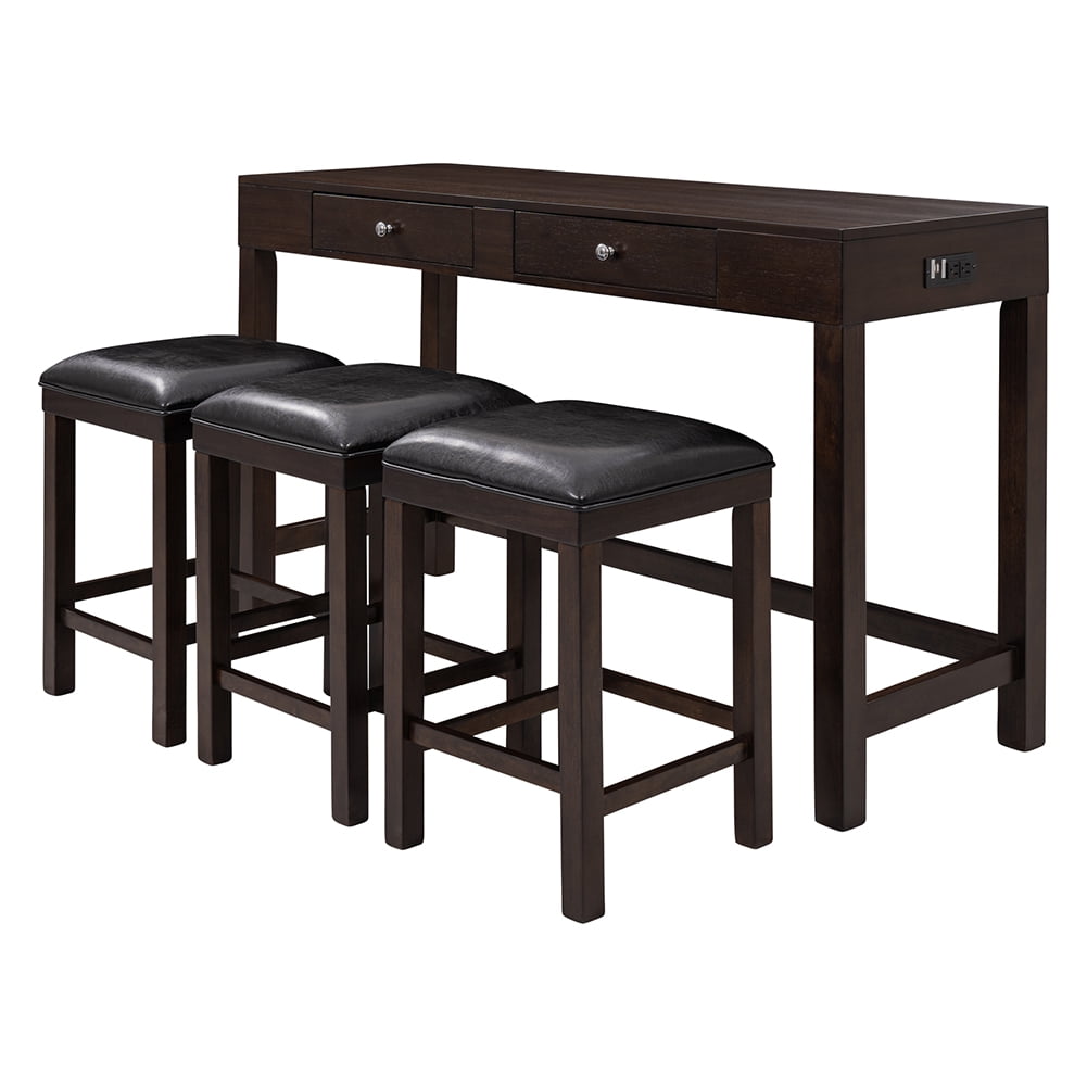 Lowestbest 4-Piece Counter Height Table Set, Mulitpurpose Rustic Bar Dining Table Set, with Socket, Leather Padded Stools and 2 Drawers, Espresso Lowestbest 4-Piece Counter Height Table Set, Mulitpurpose Rustic Bar Dining Table Set, with Socket, Leather Padded Stools and 2 Drawers, Espresso