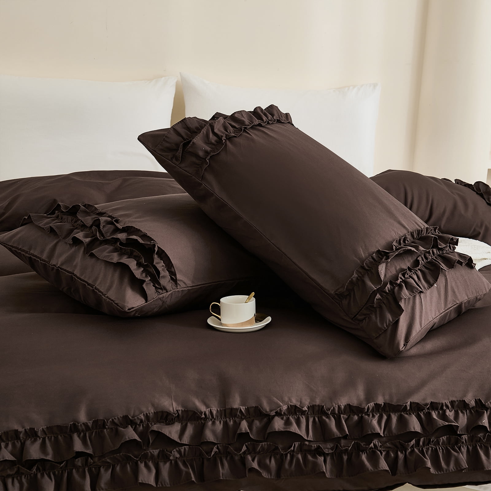 Dark Brown Ruffle Duvet Cover Set Queen Size Shabby Chic Bedding Set Ruffled Farmhouse Chocolate Comforter Cover Boho Duvet Cover Set