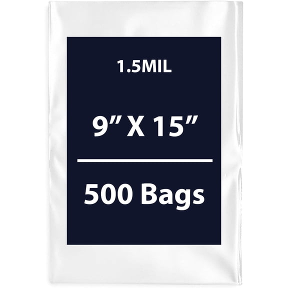 Clear Flat Poly Bags, 1.5Mil 9" X 15" & 500 Bags | Low-Density Polyethylene (LDPE), Flat Open Top Plastic Packaging Packing | Flexible and Durable Plastic Bags