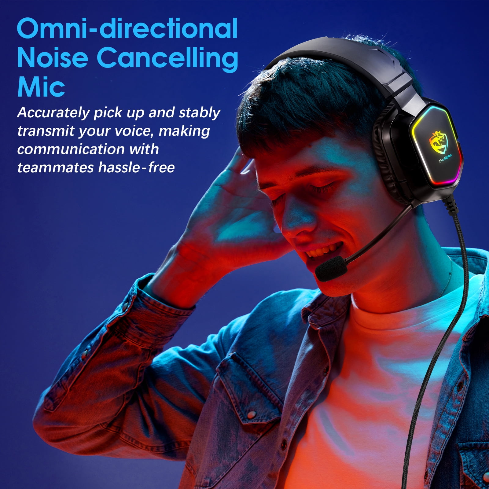 Gaming Headset with Microphone, Over Ear Headphones with Directional Noise Cancelling Mic and Dynamic RGB Lighting, 3.5mm Audio Jack, for PC, Smartphone, Gaming Console, Extra-Large Earcups
